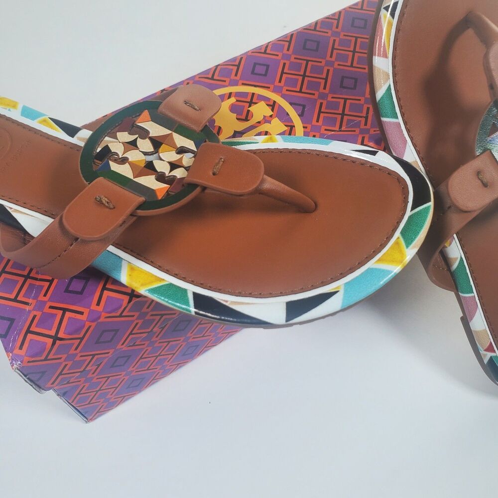 NEW Tory Burch Women’s Sandals Size 7 Brown Multicolor Logo Thong Flip Flop - Picture 4 of 9